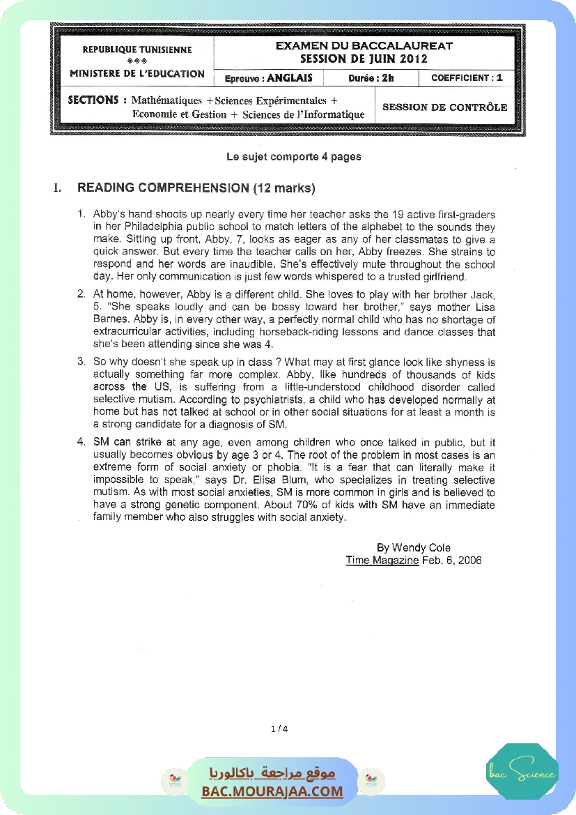 Sujet controle anglais Bac 2012 – Section science